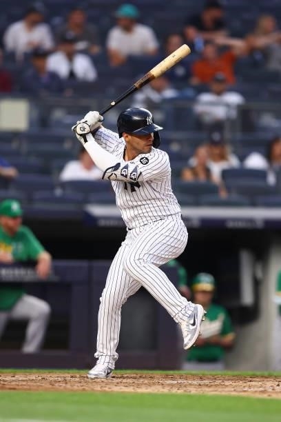 Gleyber Torres of the New York Yankees in action against the Oakland Athletics at Yankee Stadium on June 18, 2021 in New York City. Oakland Athletics...