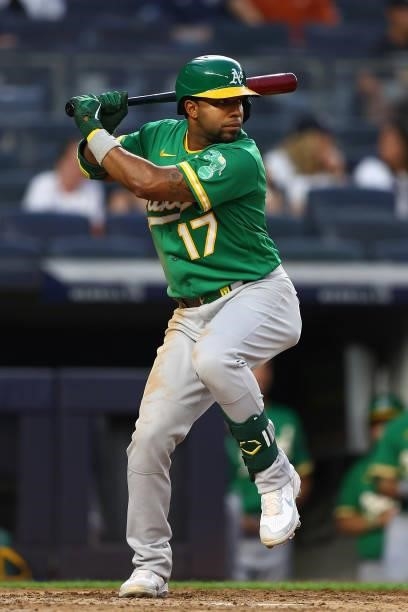 Elvis Andrus of the Oakland Athletics in action against the New York Yankees in action against the Oakland Athletics at Yankee Stadium on June 18,...