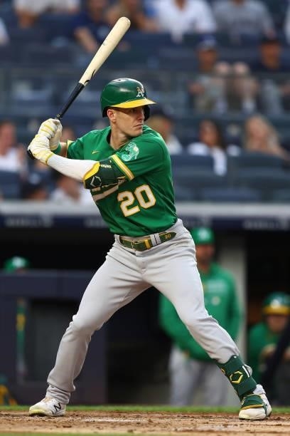 Mark Canha of the Oakland Athletics in action against the New York Yankees in action against the Oakland Athletics at Yankee Stadium on June 18, 2021...