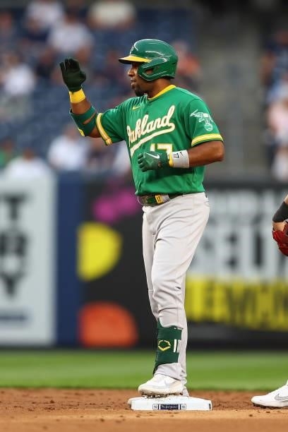 Elvis Andrus of the Oakland Athletics in action against the New York Yankees in action against the Oakland Athletics at Yankee Stadium on June 18,...
