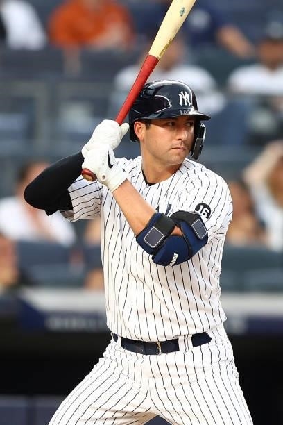 Kyle Higashioka of the New York Yankees in action against the Oakland Athletics at Yankee Stadium on June 18, 2021 in New York City. Oakland...