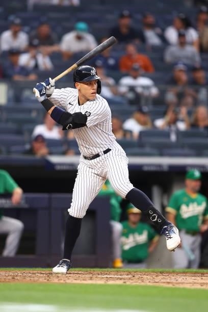 Aaron Judge of the New York Yankees in action against the Oakland Athletics at Yankee Stadium on June 18, 2021 in New York City. Oakland Athletics...