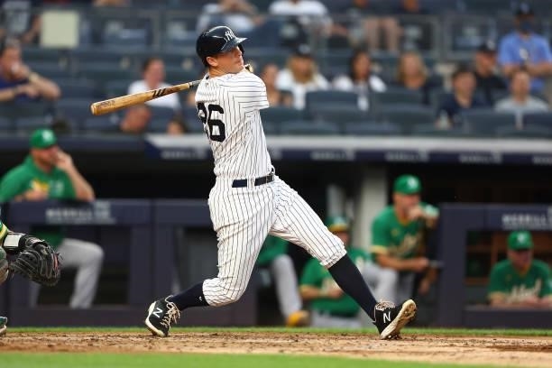 LeMahieu of the New York Yankees in action against the Oakland Athletics at Yankee Stadium on June 18, 2021 in New York City. Oakland Athletics...