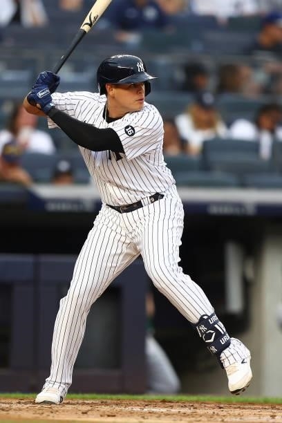 Gio Urshela of the New York Yankees in action against the Oakland Athletics at Yankee Stadium on June 18, 2021 in New York City. Oakland Athletics...