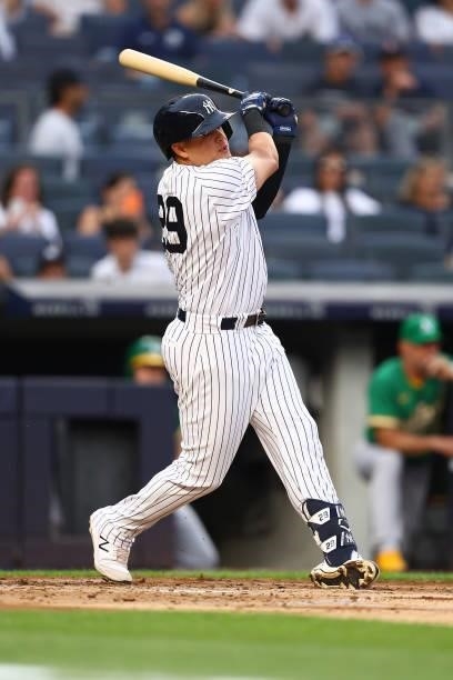 Gio Urshela of the New York Yankees in action against the Oakland Athletics at Yankee Stadium on June 18, 2021 in New York City. Oakland Athletics...
