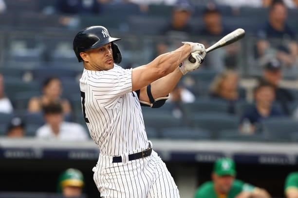 Giancarlo Stanton of the New York Yankees in action against the Oakland Athletics at Yankee Stadium on June 18, 2021 in New York City. Oakland...