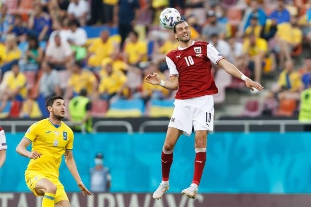 Florian Grillitsch of Austria controls the ball after the UEFA Euro 2020 Championship Group C match between Ukraine and Austria at National Arena on...
