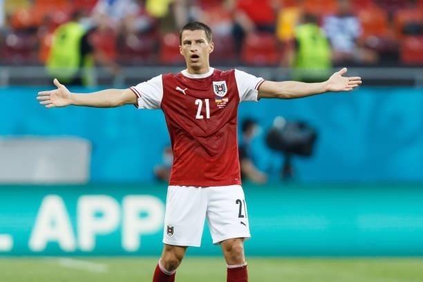 Stefan Lainer of Austria gestures after the UEFA Euro 2020 Championship Group C match between Ukraine and Austria at National Arena on June 21, 2021...