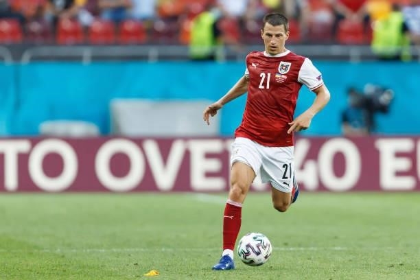 Stefan Lainer of Austria controls the ball after the UEFA Euro 2020 Championship Group C match between Ukraine and Austria at National Arena on June...