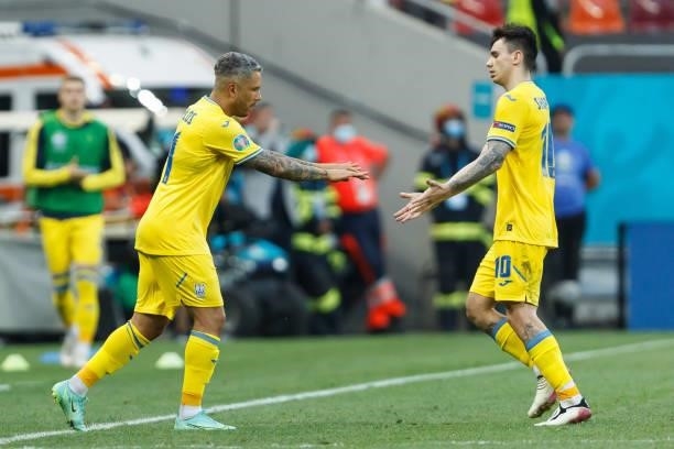 Marlos of Ukraine and Mykola Shaparenko of Ukraine substitutes after the UEFA Euro 2020 Championship Group C match between Ukraine and Austria at...