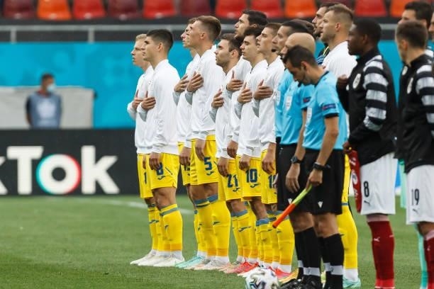 Players of Ukriane line up prior to the UEFA Euro 2020 Championship Group C match between Ukraine and Austria at National Arena on June 21, 2021 in...
