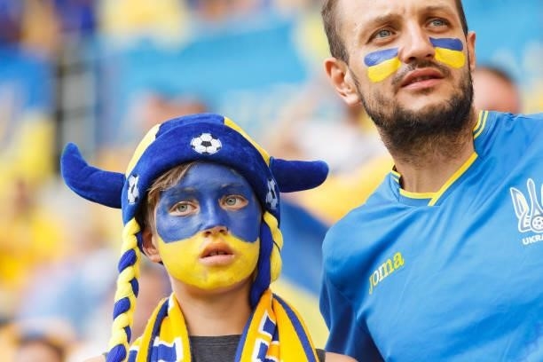 Supporters of Ukraine prior to the UEFA Euro 2020 Championship Group C match between Ukraine and Austria at National Arena on June 21, 2021 in...