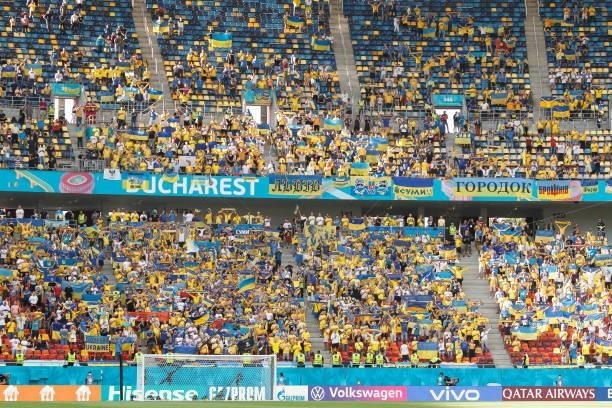 Supporters of Ukraine prior to the UEFA Euro 2020 Championship Group C match between Ukraine and Austria at National Arena on June 21, 2021 in...