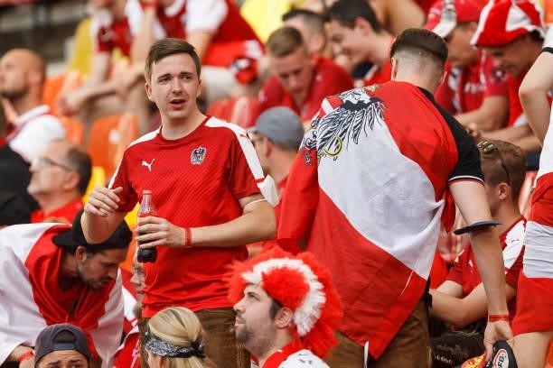 Supporters of Austria prior to the UEFA Euro 2020 Championship Group C match between Ukraine and Austria at National Arena on June 21, 2021 in...