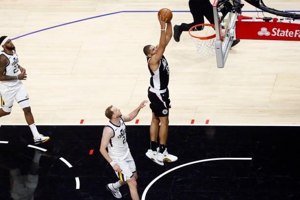Nicolas Batum of the LA Clippers dunks the ball against the Utah Jazz during Round 2, Game 6 of the 2021 NBA Playoffs on June 18, 2021 at STAPLES...