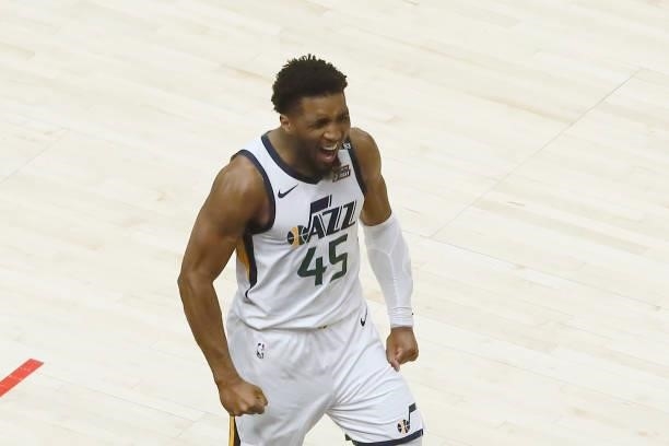 Donovan Mitchell of the Utah Jazz celebrates against the LA Clippers during Round 2, Game 6 of the 2021 NBA Playoffs on June 18, 2021 at STAPLES...