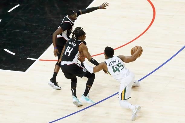 Donovan Mitchell of the Utah Jazz dribbles the ball against the LA Clippers during Round 2, Game 6 of the 2021 NBA Playoffs on June 18, 2021 at...