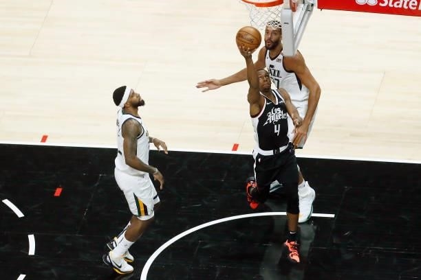 Rajon Rondo of the LA Clippers drives to the basket against the Utah Jazz during Round 2, Game 6 of the 2021 NBA Playoffs on June 18, 2021 at STAPLES...