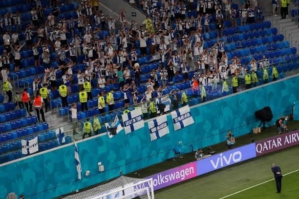 Finland supporters cheer at the end of the UEFA EURO 2020 Group B football match between Finland and Belgium at Saint Petersburg Stadium in Saint...