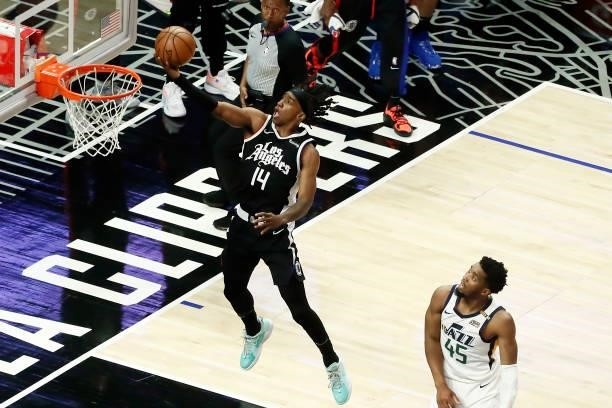 Terance Mann of the LA Clippers drives to the basket against the Utah Jazz during Round 2, Game 6 of the 2021 NBA Playoffs on June 18, 2021 at...