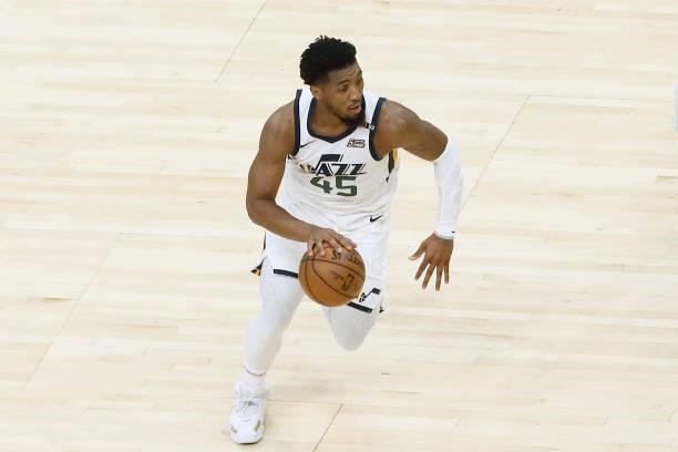 Donovan Mitchell of the Utah Jazz dribbles the ball during the game against the LA Clippers during Round 2, Game 6 of the 2021 NBA Playoffs on June...
