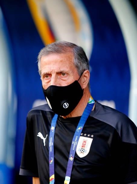 Oscar Tabarez Head Coach of Uruguay looks on during the match between Uruguay and Chile as part of Conmebol Copa America Brazil 2021 at Arena...