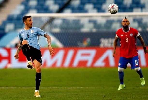 Matias Vecino of Uruguay in action ,during the match between Uruguay and Chile as part of Conmebol Copa America Brazil 2021 at Arena Pantanal on June...