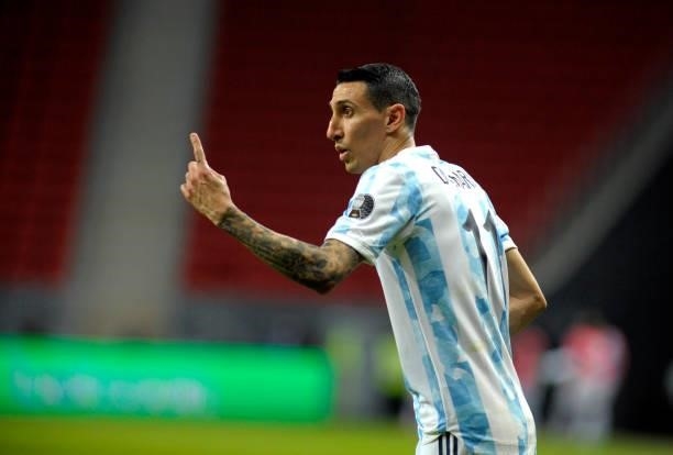 Angel Di Maria of Argentina reacts during the match between Argentina and Paraguay at Mane Garrincha Stadium on June 21, 2021 in Brasilia, Brazil.