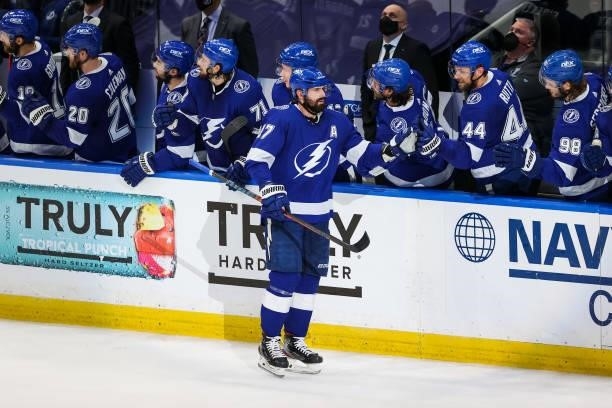 Alex Killorn of the Tampa Bay Lightning celebrates a goal with teammates against the New York Islanders in Game Five of the Stanley Cup Semifinals of...