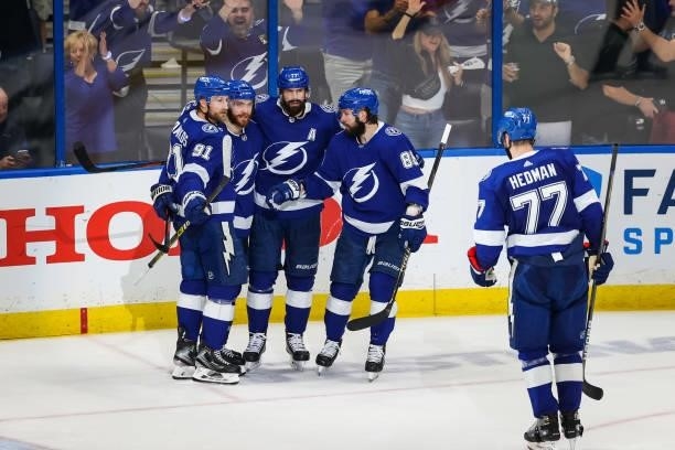 Alex Killorn of the Tampa Bay Lightning celebrates a goal with teammates against the New York Islanders in Game Five of the Stanley Cup Semifinals of...