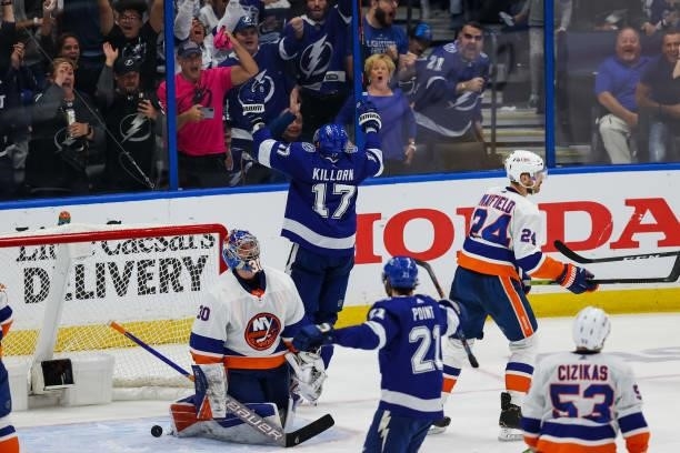 Alex Killorn of the Tampa Bay Lightning celebrates a goal against the New York Islanders in Game Five of the Stanley Cup Semifinals of the 2021...