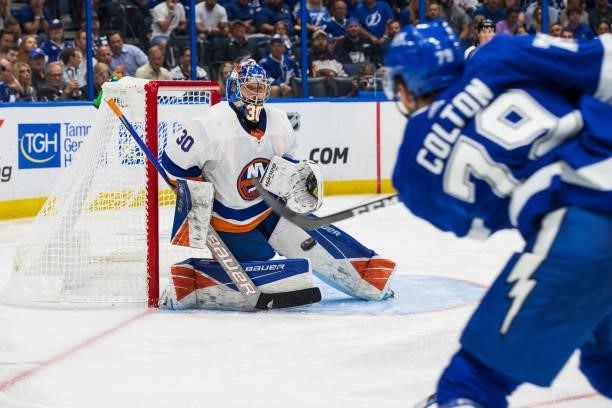Ross Colton of the Tampa Bay Lightning shoots the puck against goalie Ilya Sorokin of the New York Islanders during the third period in Game Five of...
