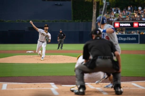 Yu Darvish of the San Diego Padres pitches against the Los Angeles Dodgers on JUNE 21, 2021 at Petco Park in San Diego, California.