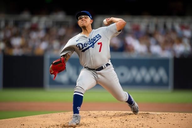 Julio Urías of the Los Angeles Dodgers pitches in the first inning against the San Diego Padres on June 21, 2021 at Petco Park in San Diego,...