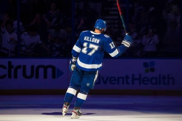 Alex Killorn of the Tampa Bay Lightning celebrates the win against the New York Islanders in Game Five of the Stanley Cup Semifinals of the 2021...