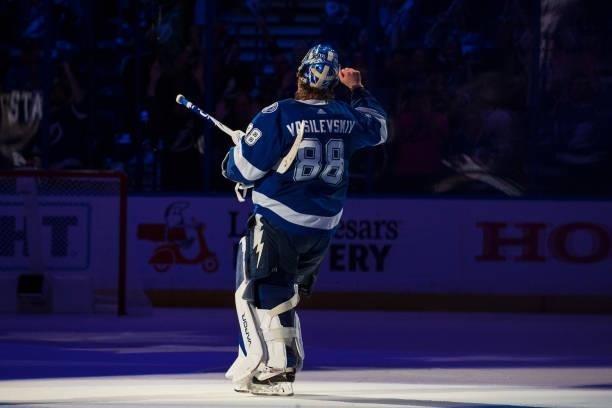 Goalie Andrei Vasilevskiy of the Tampa Bay Lightning celebrates the win against the New York Islanders in Game Five of the Stanley Cup Semifinals of...