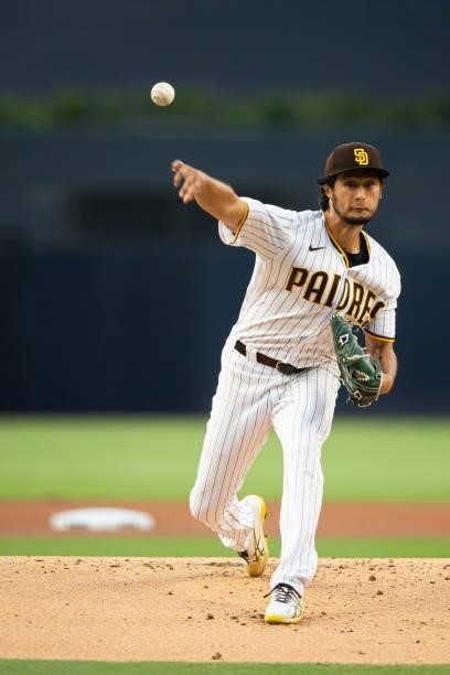 Yu Darvish of the San Diego Padres pitches against the Los Angeles Dodgers on JUNE 21, 2021 at Petco Park in San Diego, California.
