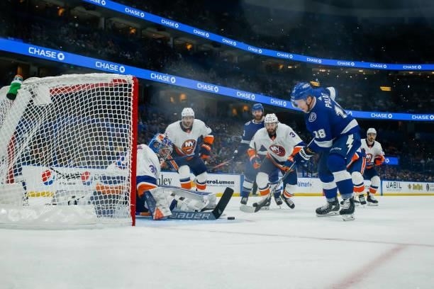 Ondrej Palat of the Tampa Bay Lightning shoots the puck against goalie Ilya Sorokin of the New York Islanders in Game Five of the Stanley Cup...