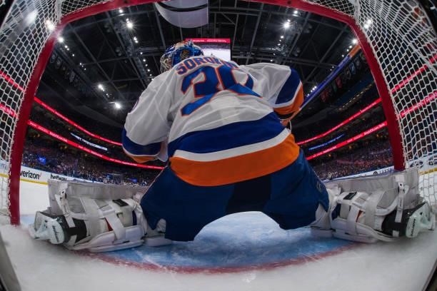 Goalie Ilya Sorokin of the New York Islanders tends net against the Tampa Bay Lightning in Game Five of the Stanley Cup Semifinals of the 2021...
