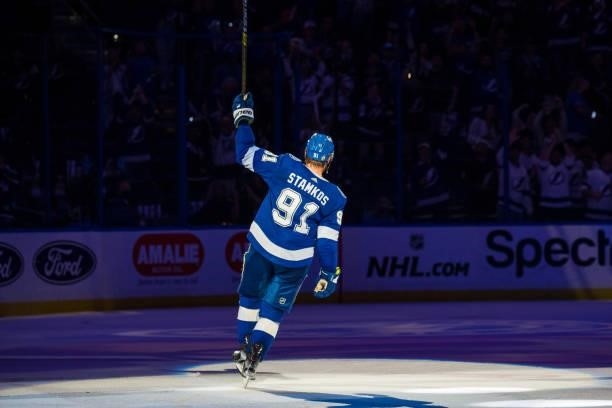 Steven Stamkos of the Tampa Bay Lightning celebrates the win against the New York Islanders in Game Five of the Stanley Cup Semifinals of the 2021...