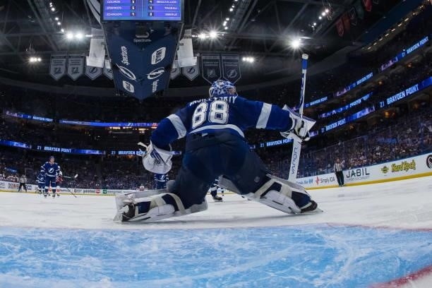 Goalie Andrei Vasilevskiy of the Tampa Bay Lightning tends net against the New York Islanders in Game Five of the Stanley Cup Semifinals of the 2021...