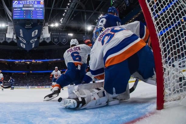 Goalie Ilya Sorokin of the New York Islanders makes a save against Ondrej Palat of the Tampa Bay Lightning in Game Five of the Stanley Cup Semifinals...
