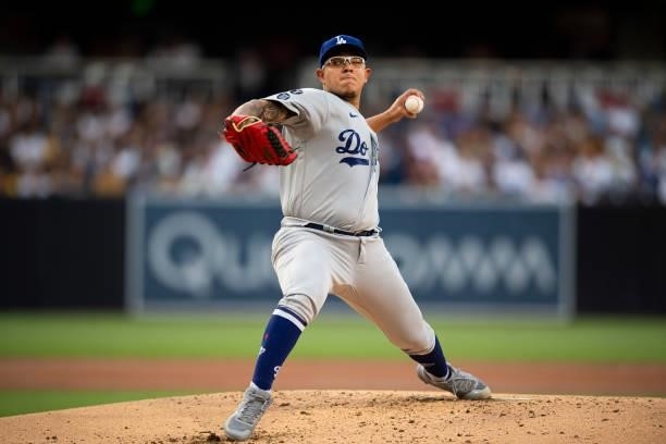 Julio Urías of the Los Angeles Dodgers pitches in the first inning against the San Diego Padres on June 21, 2021 at Petco Park in San Diego,...