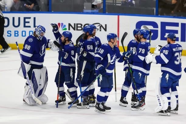 The Tampa Bay Lightning celebrate the win against the New York Islanders in Game Five of the Stanley Cup Semifinals of the 2021 Stanley Cup Playoffs...