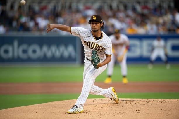 Yu Darvish of the San Diego Padres pitches against the Los Angeles Dodgers on June 21, 2021 at Petco Park in San Diego, California.