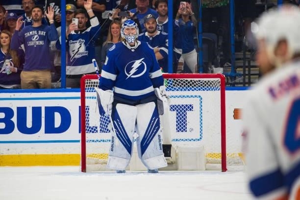 Goalie Andrei Vasilevskiy of the Tampa Bay Lightning celebrates the win against the New York Islanders in Game Five of the Stanley Cup Semifinals of...