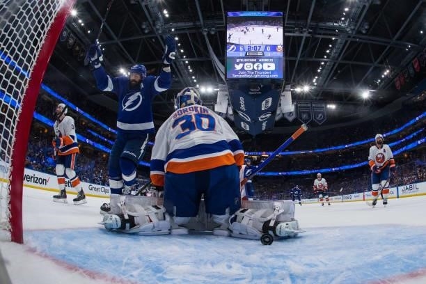 Goalie Ilya Sorokin of the New York Islanders gives up a goal against Alex Killorn of the Tampa Bay Lightning in Game Five of the Stanley Cup...