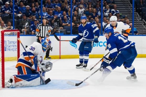 Ondrej Palat of the Tampa Bay Lightning shoots the puck against goalie Ilya Sorokin of the New York Islanders during the third period in Game Five of...