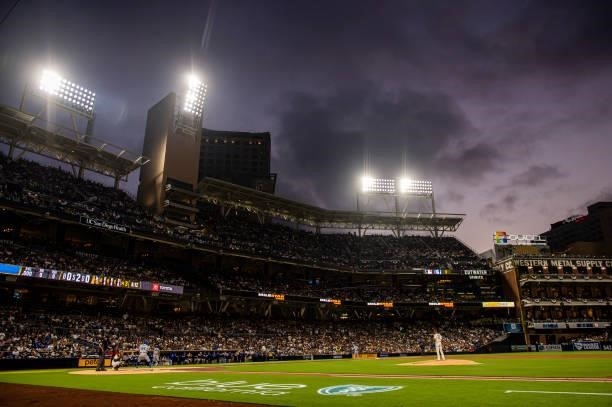 Yu Darvish of the San Diego Padres pitches in the third inning against the Los Angeles Dodgers on June 21, 2021 at Petco Park in San Diego,...