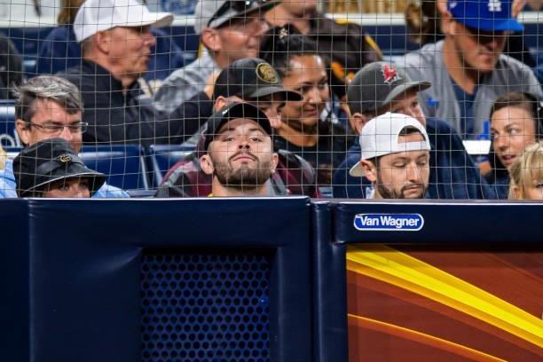Cleveland Browns quarterback Baker Mayfield watches the San Diego Padres face the Los Angeles Dodgers on June 21, 2021 at Petco Park in San Diego,...